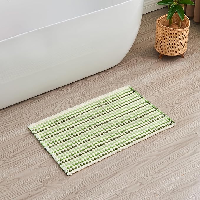 Douceur Boho Bath mat for Bathroom Floor Non Slip, Acrylic Blend Cute Bath Mats with Tassels, Quick Dry Bath mats Machine Washable, 20" x 32", Green