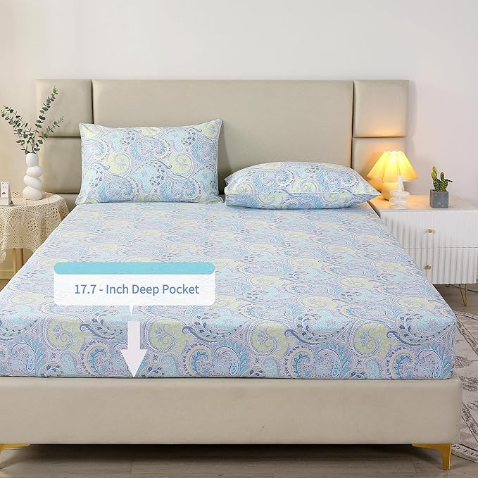 RYNGHIPY Cotton Sheets Floral Print King Size Sheet Sets Flower Botanical Pattern Egyptian Cotton Bed Sheets Soft and Breathable Deep Pockets (Blue,King Size)