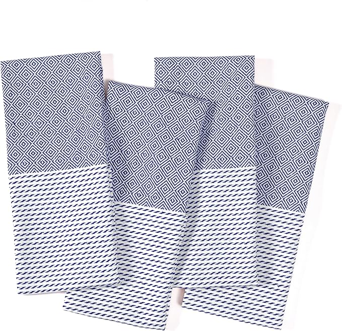 TWINY threads Dish Towel Diamond Pattern, Premium 100% Cotton Kitchen Linen Set, Large Wash Rags for Drying Dishes, Absorbent Quick Drying, Reusable, 4 Pack, 18"x26", Indigo Blue