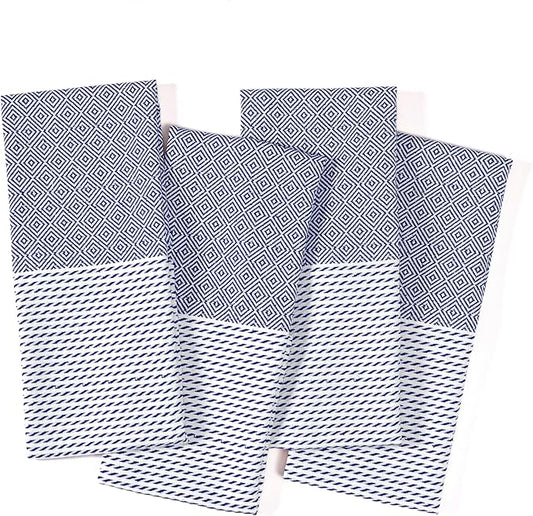 TWINY threads Dish Towel Diamond Pattern, Premium 100% Cotton Kitchen Linen Set, Large Wash Rags for Drying Dishes, Absorbent Quick Drying, Reusable, 4 Pack, 18"x26", Indigo Blue