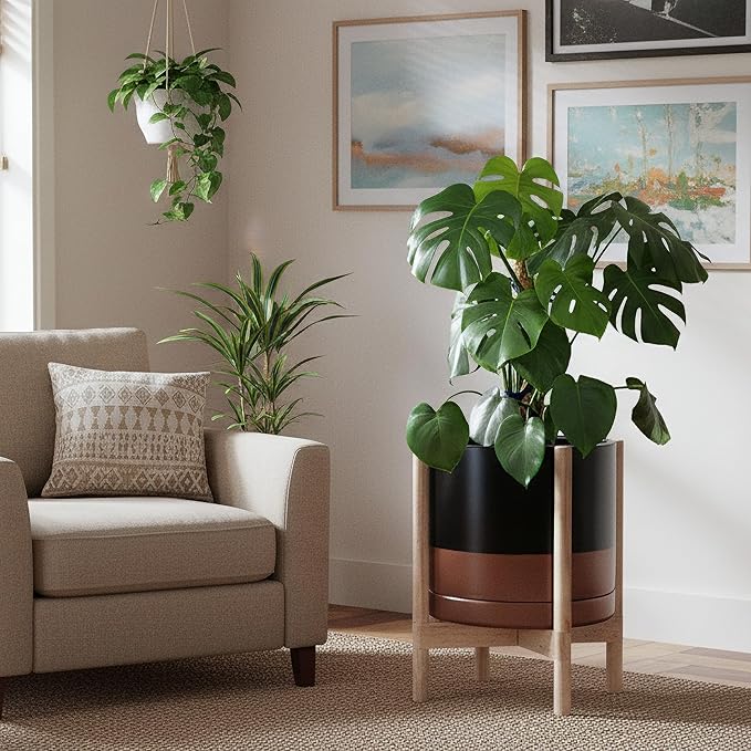 D'vine Dev Ceramic Planter with Natural Stand - 14 Inch Modern Round Flower Pot with Wood Planter Holder, Black/Speckled Tan, 55-B-R-7