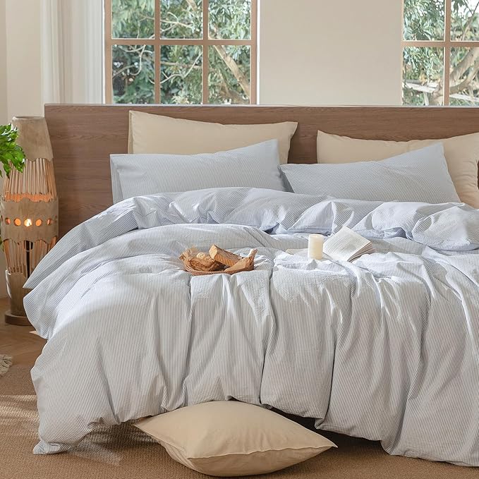MooMee Striped Duvet Cover Set 100% Washed Cotton Linen Like Textured Breathable Durable Soft Comfy (Cornflower Blue White Pinstripes, Oversized King Plus 128"x120")