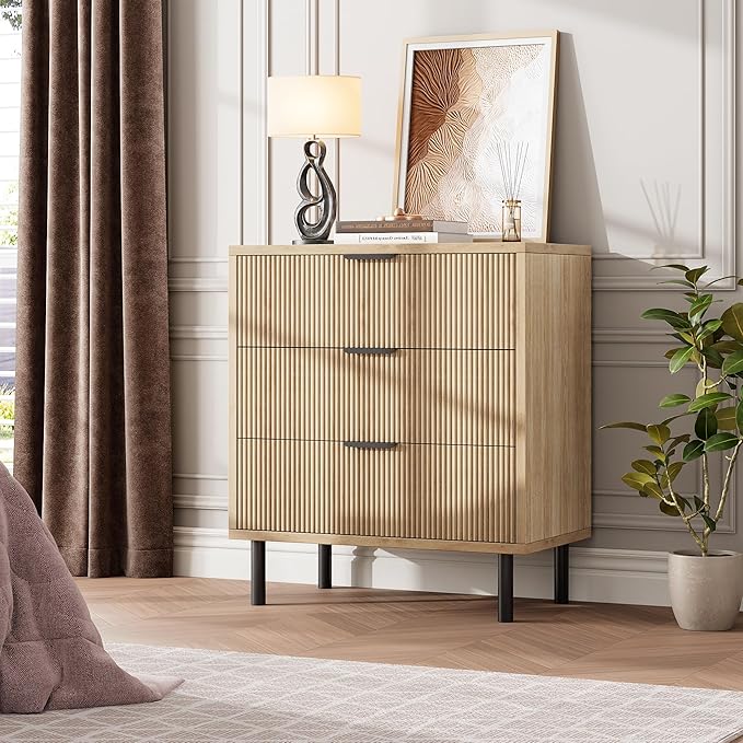 GarveeHome Oak Fluted 3 Drawers Dresser, Wide Wood Chest of Drawers, Modern Storage Dresser Chest of Drawers Organizer with Metal Legs and Anti-Tipping Device for Bedroom Living Room