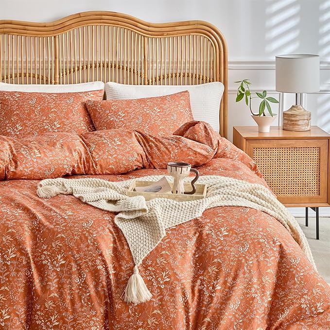 mixinni 3 Pieces Duvet Covers King Size, 100% Cotton Comforter Cover Wildflower Printed on Pumpkin Floral Bedding Set with Zipper Closure 4 Ties (1 Duvet Cover 104"x90", 2 Pillow Cases 20"x36")