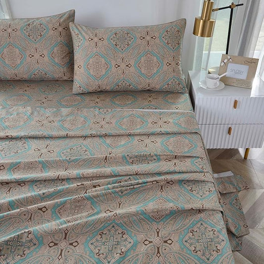 Brandream Paisley Bed Sheets Queen Size Boho Luxury Bedding Bohemian Damask Medallion Sheet Set 800TC Egyptian Cotton Sateen Deep Pocket, 4 Piece, Taupe