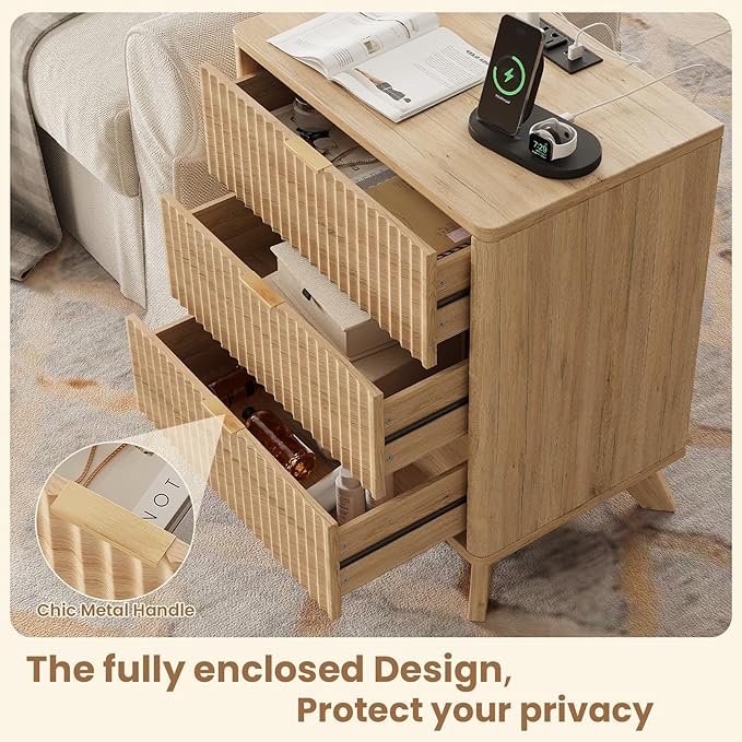 30" Tall Fluted NightStand,3 Drawers End Table with Charging Station,Modern Side Table with Storage, Night Stand Wood Bedside Tables for Bedroom,Curved Profile Design,Natural Oak