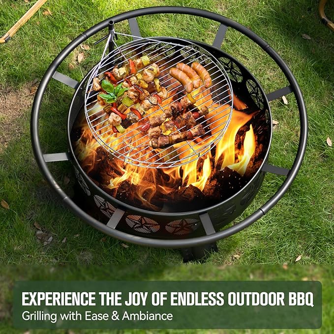 Verdeluxe 38” Wood Burning Fire Pits for Outside,3-in-1 Fire Pit with Grill, Spark Screen & Fire Poker,Outdoor Firepit Table with Swivel Cooking Grate for Yard BBQ Bonfire Patio Camping (38 inch)