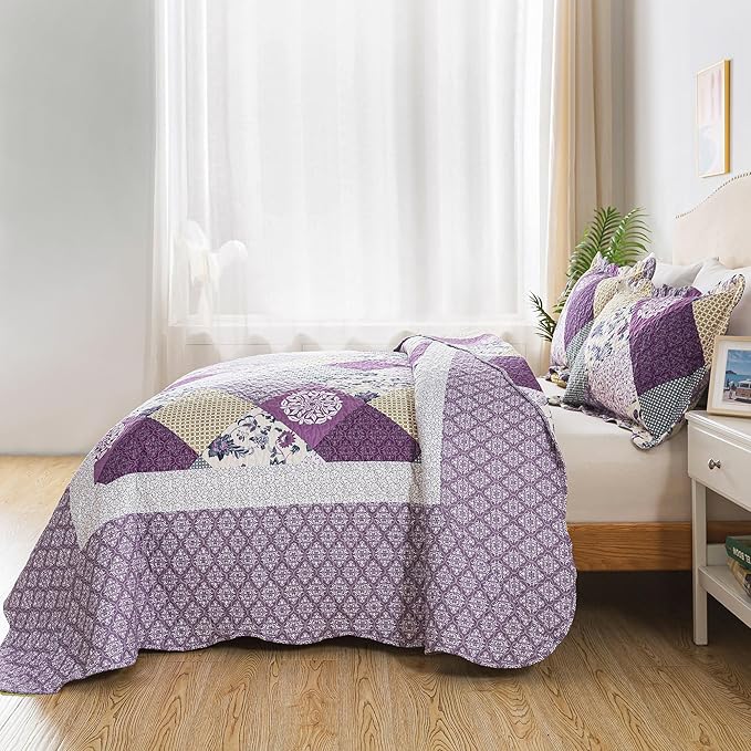HoneiLife King Size Quilt Sets - 3 Pieces Microfiber Quilt Set Lightweight Bedspreads Reversible Coverlets Rustic Bed Cover King Quilt Bedding Set All Season Quilts-Beige & Purple