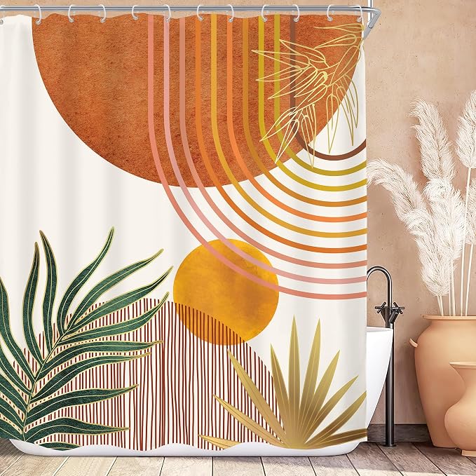 KOMLLEX Mid Century Orange Boho Shower Curtain 60Wx72L Inches Abstract Modern Shower Curtains for Bathroom Decor Plant Botanical Minimalist Arch Sun Fabric Liner Waterproof Polyester 12 Pack Hooks