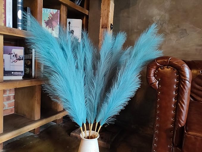 Premium Faux Pampas Grass Decor Tall & Fluffy, No Assembly Needed Long Pampas, Luxury Large Floral, Elegant Feather Flowers for Wedding Decorations(Faux Teal, 8pcs 43.3"(110cm))