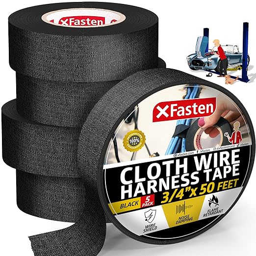 XFasten Wire Harness Tape, 3/4-Inch x 50-Foot (5-Pack), High Temp Wiring Loom Harness, Self-Adhesive Felt Cloth Electrical Tape for Automotive Engines, Noise Dampening, and Cable Protection