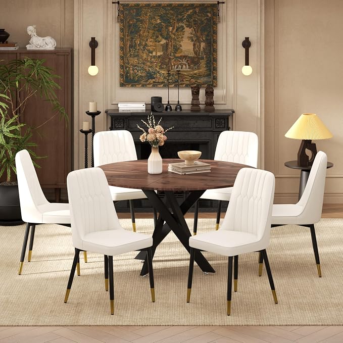 RGZ Mid Century Walnut Round Dining Table Set for 6, 47" Large Wooden Circle Kitchen Table & 6 White PU Leather Kitchen Chairs, Dinner Table Set for Home, Apartment, Dining Room