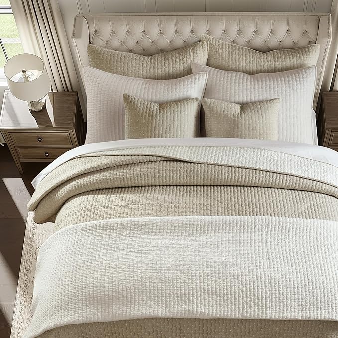 Levtex Home Cross Stitch Reversible Twin XL/Twin Quilt Set (68x86in) with 1 Pillow Sham (26x20in) - Stitch Texture - Taupe - Cotton Twin/Twin Size Quilt Bedding Set - Lightweight, Soft, Pre-Washed