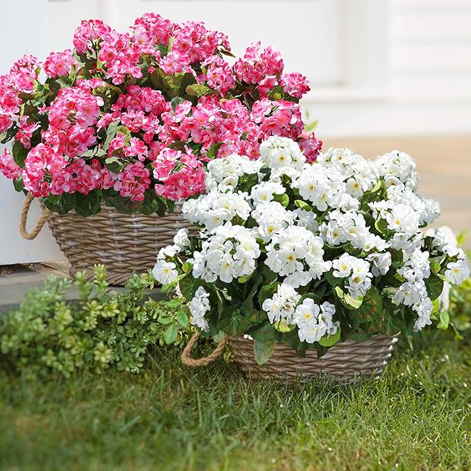 Artificial Geranium Fake Flowers for Outdoors Decoration, 6 Bundles Silk Geraniums Pink Flower UV Resistant Look Real Faux Plants for Front Door Garden Porch Planter Patio Balcony Yard Indoor Home