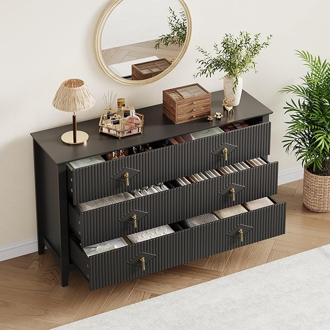 GarveeHome Fluted Dresser for Bedroom, 54 Inch Wide 6-Drawer Wood Dresser, Modern Chest of Drawers, Storage Organizer Cabinet for Living Room, Hallway, Entryway, Black