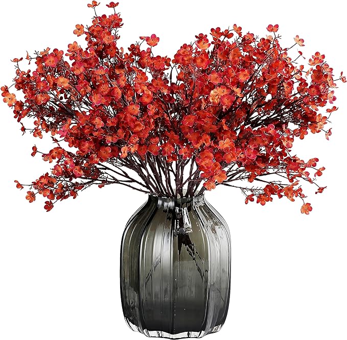 JAKY-Global Babys Breath Silk Artificial Flowers Bulk with Vase 10pcs Fall Decor Fake Flower Bouquet Bulk for Home Kitchen Indoor Arrangement Table Centerpieces Party Decor(Burnt Red Brown with Vase)
