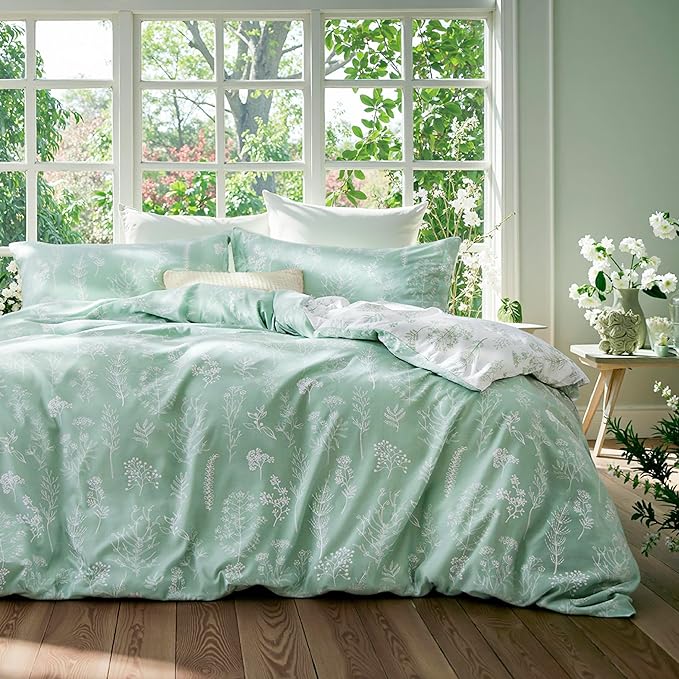 Bedsure Duvet Cover Full Size - Reversible Sage Green Full Duvet Cover Set with Zipper Closure, 3 Pieces Cute Floral Patterned Bedding Set with 8 Corner Ties and 2 Pillow Shams
