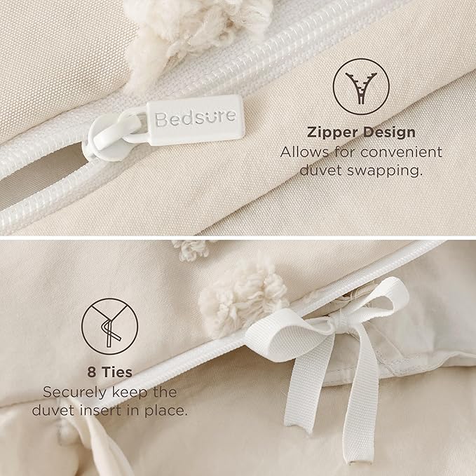 Bedsure Boho Duvet Cover King - Beige Tufted Boho Bedding, Farmhouse Shabby Chic Embroidery Bedding for All Seasons, 3 Pieces, 1 Soft Jacquard King Comforter Cover and 2 Pillow Shams