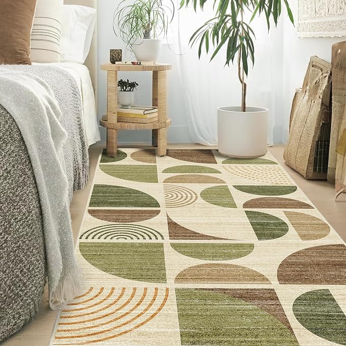 MUJOO 3x5 Rug Washable,Boho Area Rugs for Bedroom Entryway Living Room Bedside,Small Throw Floor Carpet Non Slip Soft Indoor Modern Abstract Vintage Green and Brown