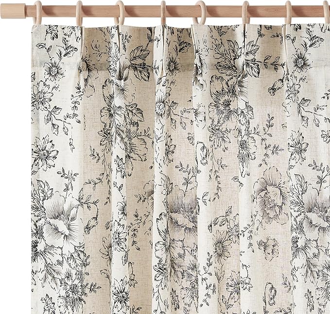 jinchan Pinch Pleated Curtains Floral Linen Blend Curtains for Living Room 63 Inch Length Black Peony Flower Printed Curtain Rod Pocket Back Tab Farmhouse Pinch Pleat Drapes with Hooks Set 2 Panels