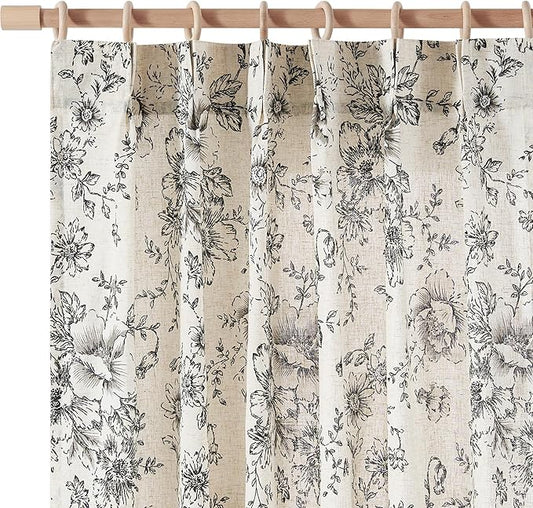 jinchan Pinch Pleated Curtains Floral Linen Blend Curtains for Living Room 63 Inch Length Black Peony Flower Printed Curtain Rod Pocket Back Tab Farmhouse Pinch Pleat Drapes with Hooks Set 2 Panels