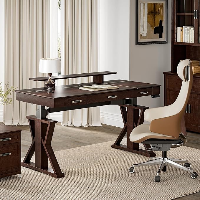 EUREKA ERGONOMIC Ark SWS Standing Desk, 63 inch Executive Desk w Drawers,Modern X-Shaped Leg Luxury Home Office Computer Desk w Monitor Stand,Colorblock Smoked Oak