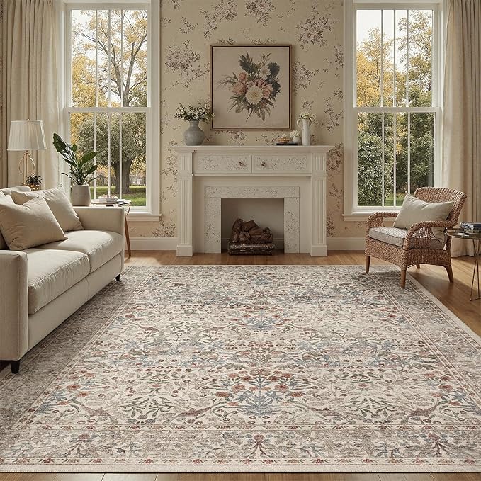 DCX Beige 8x10 Area Rugs, Machine Washable Non Slip Stain Resistant Soft Vintage Floral Rug, for Living Room, Bedroom, Playroom, Soft Low Pile Large Carpet