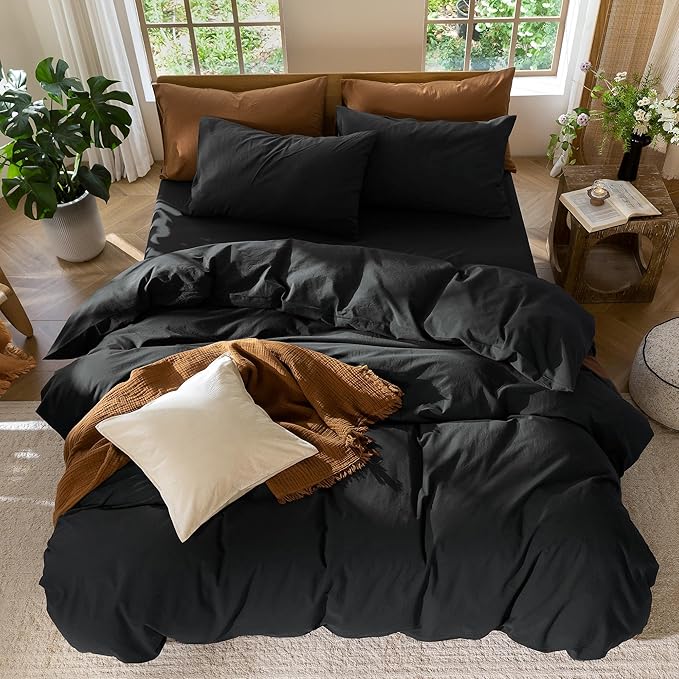 MooMee Bedding Duvet Cover Set 100% Washed Cotton Linen Like Textured Breathable Durable Soft Comfy (Solid Black, Palatial King/Oversized King 120"x98")