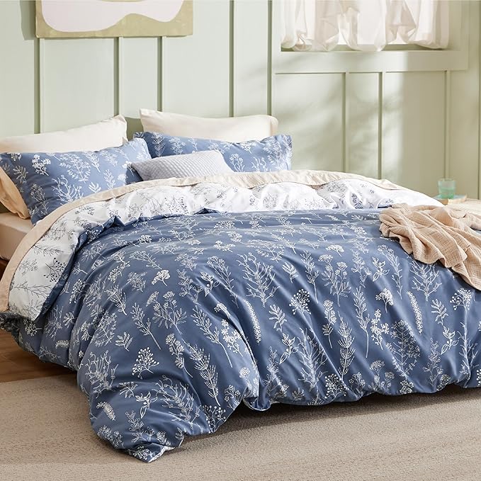 Bedsure Duvet Cover Queen Size - Reversible Infinity Blue Queen Duvet Cover Set with Zipper Closure, 3 Pieces Cute Floral Patterned Bedding Set with 8 Corner Ties and 2 Pillow Shams