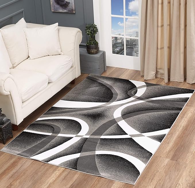 GLORY RUGS Modern Area Rug 5x7 Gray White Swirls Carpet Bedroom Living Room Contemporary Dining Accent Sevilla Collection 4816