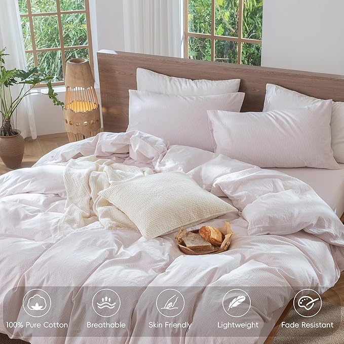 MooMee Striped Duvet Cover Set 100% Washed Cotton Linen Like Textured Breathable Durable Soft Comfy (Heathered Greyish Pink Pinstripes, Palatial King/Oversized King 120"x98")