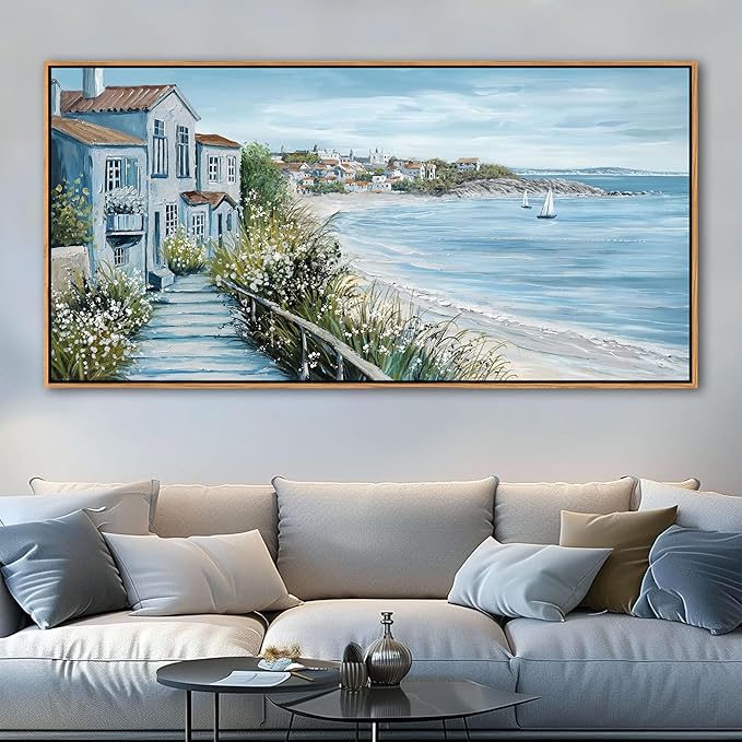 KLAKLA Coastal Decor Nautical Boat on Beach Canvas Picture Ocean Seagull Seascape Canvas Print Farmhouse Artwork for Seashore Bedroom Living Room Large Square Blue Teal 29x58 Inches
