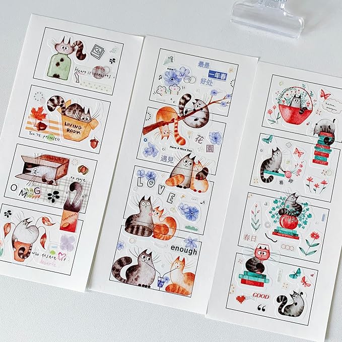 WT Chonky Cat Washi Tape Sticker Set, 4 Rolls, Original Designs, Watercolor Cute Cat Decorative Sticker, Kiss-Cut Craft Sticker, Bujo Planner Supplies, Journals Gifts, DIY Paper Sticker
