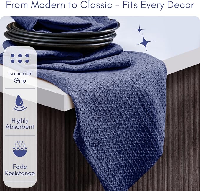 TWINY threads Kitchen Dish Towels Set of 4, 100% Cotton Waffle Weave, Absorbent Dishcloth & Tea Towel with Hanging Loop, Reusable for Table Cleaning, Quick Drying - 16x26 Inches - Indigo Blue