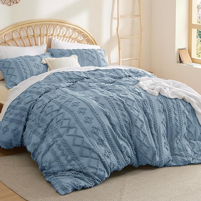Bedsure Boho Duvet Cover King Size, Soft & Comfortable Elegant Design Boho Bedding for Decoration, Machine Washable Comforter Cover for All Seasons,Includes 1 Duvet Cover & 2 Pillow Shams,Dusty Blue