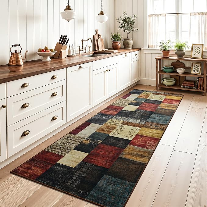 Tepook Modern Runner Rug for Living Room, 2x6 Washable Rugs for Bedroom Hallway, Geometric Patchwork Runner Rug Non-Slip Indoor Throw Carpet for Entryway Kitchen Office Home Decor, Multi