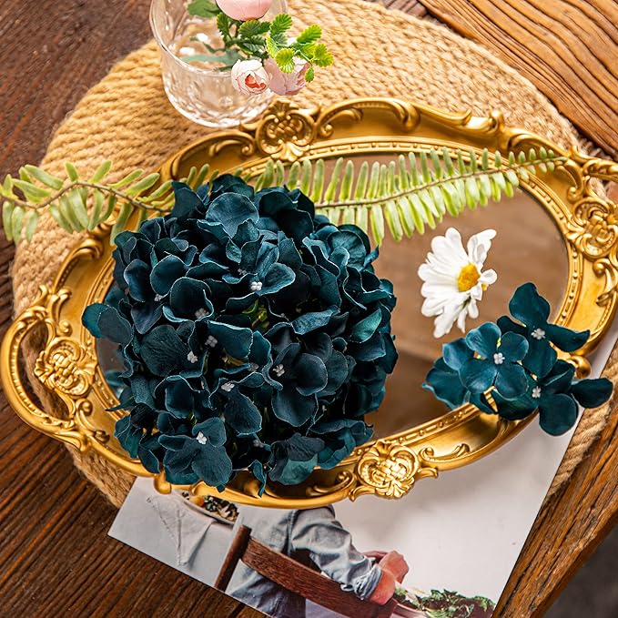 DuHouse Silk Hydrangea Artificial Flower Heads with Stems Fake Hydrangeas Flowers for DIY Wedding Centerpiece Home Decor,Pack of 6(Peacock Blue)