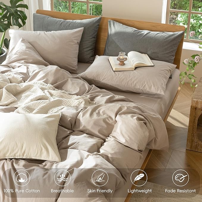 MooMee Bedding Duvet Cover Set 100% Washed Cotton Linen Like Textured Breathable Durable Soft Comfy (Heathered Taupe, Super Queen 90"x98")