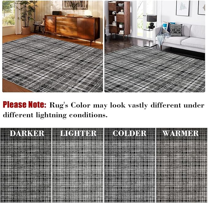 Washable 9x12 Area Rug for Living Room Modern Rugs for Bedroom Black Rug Soft Large Area Rug Non Slip Throw Rugs Low Pile Stain Resistant Carpet for Nursery Dining Room 9'x12' Black/Grey