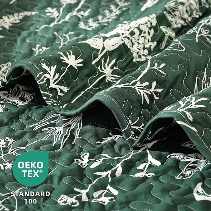 JANZAA Quilts Queen Size Emerald Green Floral Queen Quilt Bedding Set Microfiber Boho Bedspread Lightweight Reversible Coverlet 1 Quilt 90x90 inches with 2 Pillow Cases