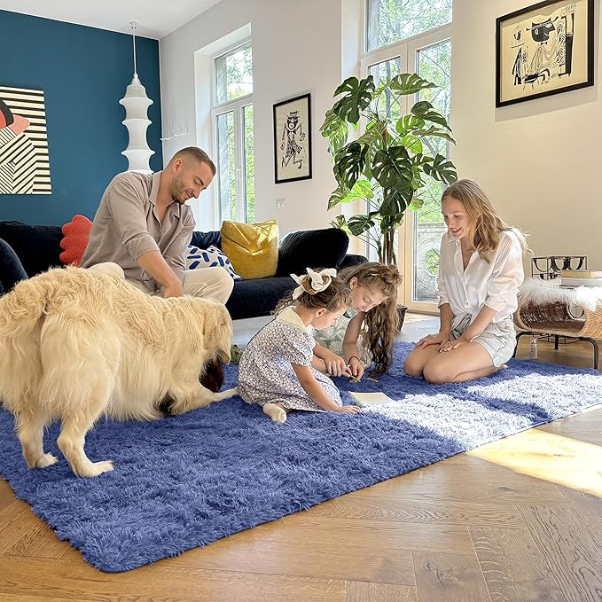 OLANLY 2x8 Machine Washable Runner Rugs for Hallway, Soft Fluffy Shaggy Bedside Rugs for Bedroom, Living Room, Indoor Floor Carpet for Kids Girls and Boys, Home Decor Aesthetic, Denim Blue