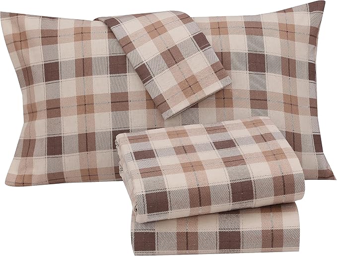 RUVANTI Flannel Sheets Twin XL Size - 100% Cotton Double Brushed Twin XL Sheet Sets, Deep Pockets 16 Inches, All Seasons Breathable & Extra Soft Bed Sheets, Warm & Cozy, 3 Piece, Beige & Grey Plaid