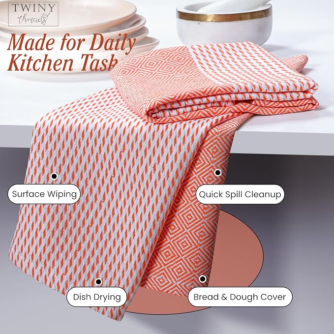 TWINY threads Dish Towel Diamond Weave, 4 Pack, Premium 100% Cotton Kitchen Linen Set, Large Dish Rags and Wash Rags, Absorbent Quick Drying, Machine Washable Dishcloth Set, 18"x26", Orange