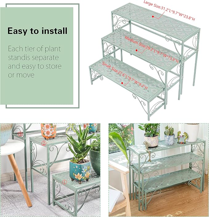 Sungmor Metal Plant Stand - 3 Tier Foldable Ladder Planters Display Shelf - Multiple Plants Flower Pots Vases Storage Organizer - Indoor Outdoor Multi Tiered Plant Rack for Garden Balcony Yard