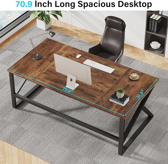 IBF 70 Inch Rustic Brown Desk, Industrial Large Metal Wood Double Computer Desk, Long Home Office Desks Table for 2 People Executive Work Writing Study Gaming, Farmhouse Big Two Person Desk in Bedroom