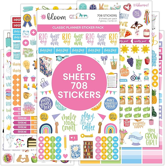 Bloom Daily Planners Newly Improved Classic Planner Sticker Sheets - Variety Sticker Pack for Decorating, Planning, Scrapbooking, etc. - 708 Stickers Per Pack!