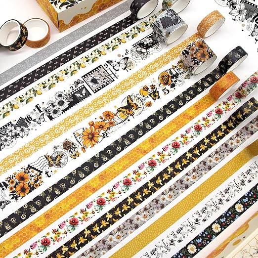 KOVANO Washi Tape Set 14 Rolls, Vintage Bee Floral Butterfly Botanical Washi Tape, Yellow Black Decorative Tapes for Scrapbooking Supplies, Junk Journal, Bullet Journaling, Art Crafts