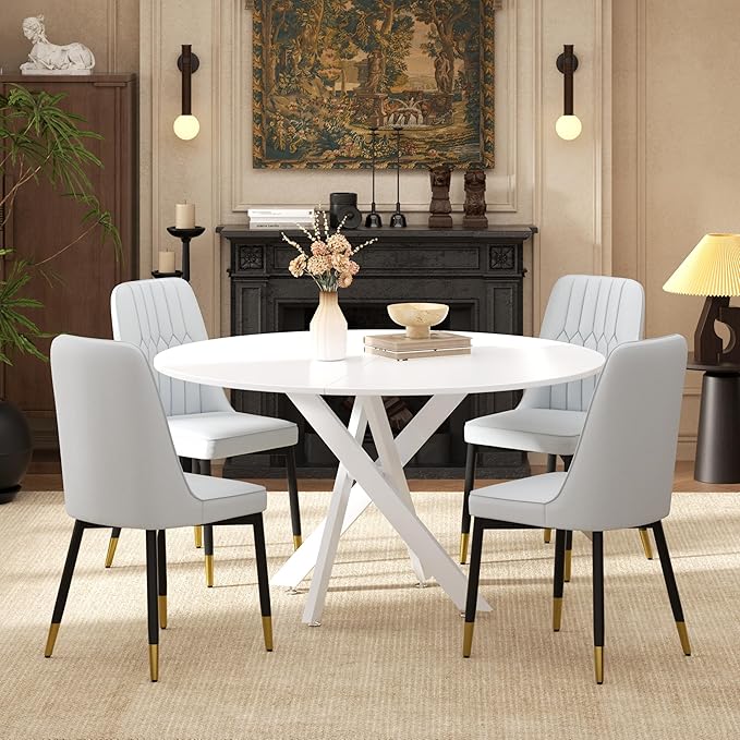 RGZ Mid Century White Round Dining Table Set for 4, 47" Large Wooden Circle Kitchen Table & 4 Light Gray PU Leather Kitchen Chairs, Dinner Table Set for Home, Apartment, Dining Room