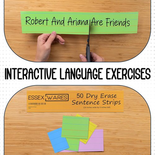 Essex Wares - 50 Pack Pastel Colored Dry Erase Sentence Strips | Reusable Double-Sided Cardstock (16 x 3")