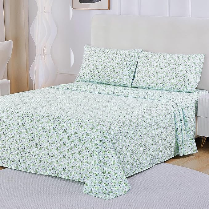 Softan Green Floral Twin Sheet Set, 3-Piece Cozy Botanical Microfiber Printed Fitted Bed Sheet with 15" Deep Pockets & Non-Slip Straps, Fresh Greenery Blooms Patterned Sheets & Pillowcase Set